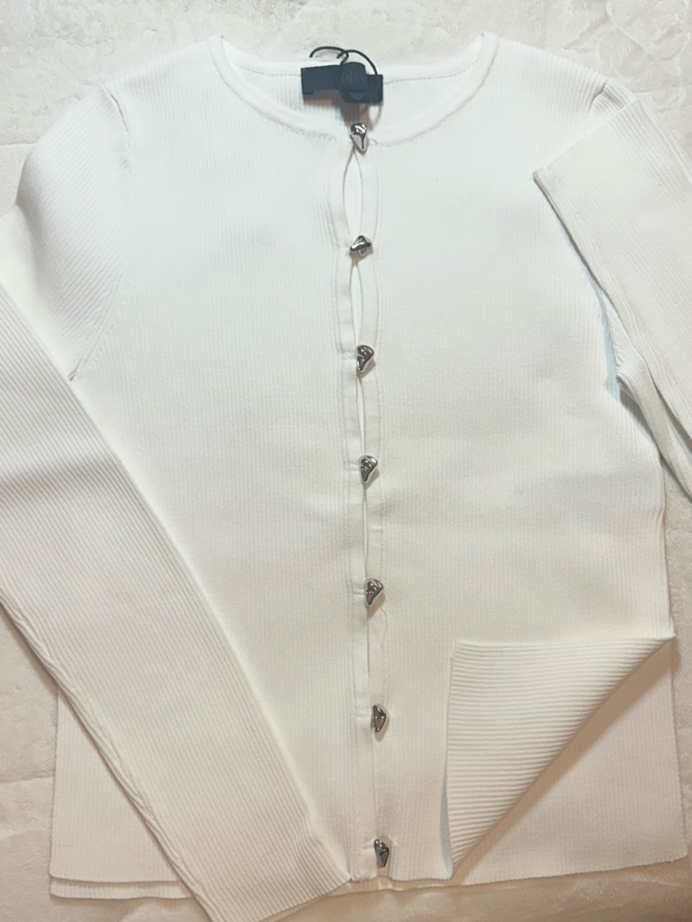 Zara White Ribbed Long Sleeve Cardigan with Silver Heart Buttons